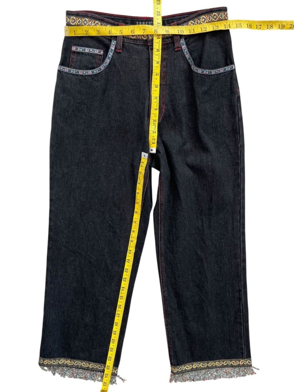 Sooki Vintage Y2K Beaded Fringe Embellished Black Jeans Size 10 Boho - Picture 10 of 10